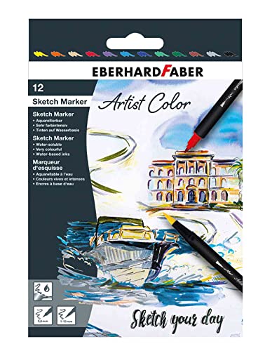 Eberhard Faber 558212 - Set Di Pennarelli Da Schizzo A Colori Per Artisti Con 12 Colori, Pennarelli In Fibra Con Doppia Punta, In Astuccio Di Cartone,