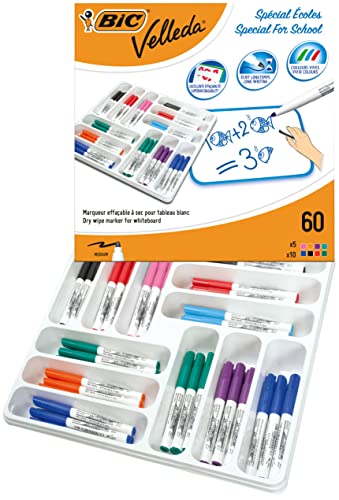 Bic Velleda 1741 Pennarelli Per Lavagna Bianca Cancellabili A Secco, Punta Conica Media, Colori Assortiti, Confezione Da 60
