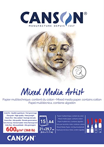 Canson Mix Media Artist Blocco Incollato A4 15 Fogli Grana Fine 600 G