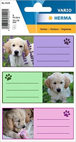 Herma 5512 Etichette Adesive Scrivibili Per Quaderni, Per La Scuola, Con Motivi Stampati, Dimensioni: 7,6 X 3,5 Cm, Confezione Da 9 Etichette Cani