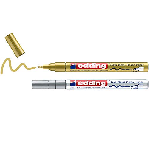 Edding 751 Marcatore A Vernice Lucida, Oro, Argento, Confezione Da 2, Punta Rotonda 1-2 Mm, Pennarello Indelebile Per Vetro, Pietra, Legno, Plastica,