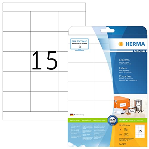 Herma Etichette Universali, 70 X 50,8 Mm, Etichette Adesive A4 Per Stampante, 15 Etichette Per Foglio, Bianco