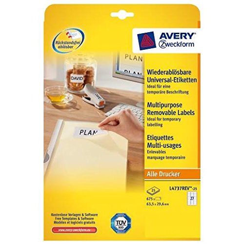 Avery L4737Rev-25 Etichette Adesive Bianche Rimovibili, Formato Etichetta 63,5X29,6Mm, 27 Etichette Per Foglio, Adesivo Rimovibile, Stampanti Laser E