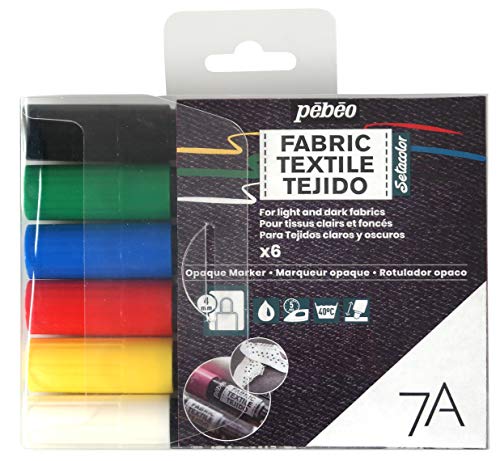 Pébéo - Set Di 6 Pennarelli Speciali In Tessuto E Tessuti Scuri E Opachi, Feltri Per Tessuti E Tessuti Scuri E Opachi, Assortimento Basico Punta Roton