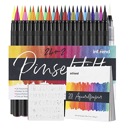Int!Rend Pennarelli Lettering Acquerellabili Set Di 51-24 Pennarelli Punta A Pennello, 2 Penne Ad Acqua, 20 Fogli E 5 Stencil - Set Brush Pens
