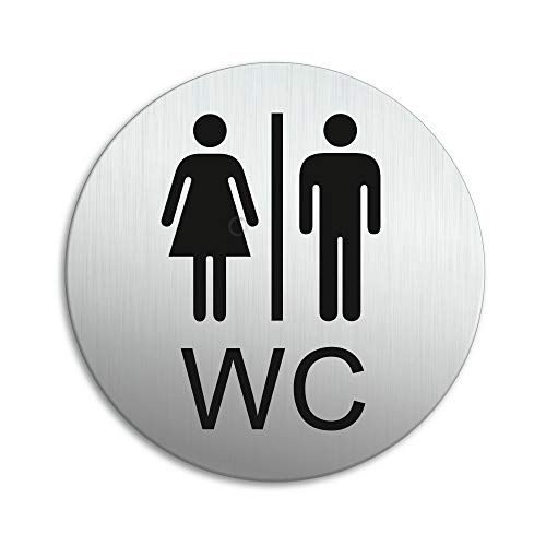Targhetta Per Porta - Toilette Wc Donna Uomo Targa Ø 100 Mm Alluminio Spazzolato Auto-Adhesiva