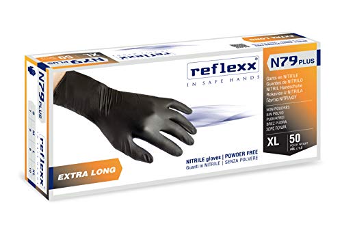 Reflexx N79P, Guanti In Nitrile Senza Polvere Extra Lungo 30 Cm, Gr 7.7, 50 Pezzi, Nero, M