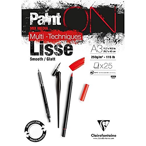 Clairefontaine 975730C Blocco Collato Painton Multi-Tecnica - 25 Fogli Carta Da Disegno Multi-Tecnica Superficie Liscia - Bianca - A3 29,7X42 Cm 250G