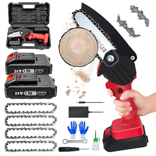 Mini Motosega A Batteria Per Potatura [Versione Aggiornata] Con 2 Batterie, Chiusura Di Sicurezza E 4 Catena, Seghetto Elettrico Per Legno,Red