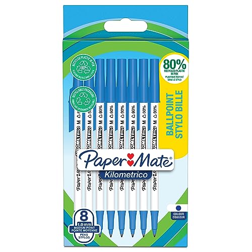 Paper Mate Kilometrico Penne A Sfera Penna Da Scrittura Lunga Con Punta Media 1,0 Mm Inchiostro Blu 80% Plastica Riciclata 8 Pz.