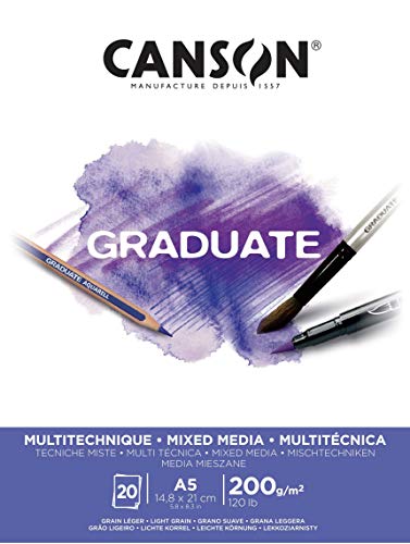 Canson Graduate Mixed Media Bianco,Album Da Disegno Collato Lato Corto,A5,20 Fogli,Grana Leggera,200G/M