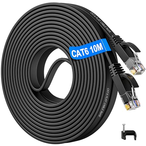 Cavo Ethernet 10M, Cat 6 Cavo Lan 10 Metri Lungo Cavo Interner Piatto Ad Alta Velocità 1000 Mbits, Gigabit Cavo Di Rete Patch Nero Filo Ethernet 10 Mt