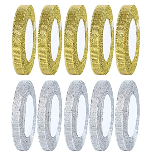Allazone 10 Rotolo Nastri Natalizi Organza Ribbon, Organza Ribbon Oro E Argento Decorativo Nastri Per Confezioni Regalo Carta Decorativa Vacanza, Deco