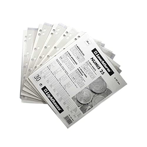 Leuchtturm 323463 Manicotti Per Monete Numis 25-30 Scomparti Per Monete Fino A Ø 25 Mm - 1 Euro, Quattrini Usa, 20 Cent, 1 Sfr - Confezione Da 5