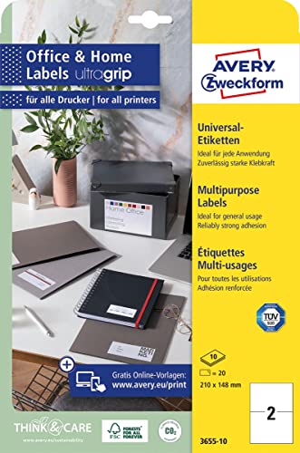Avery Zweckform 3655-10 - Etichette Universali (20 Adesivi Per Indirizzi, 210 X 148 Mm Su A4, Stampabili, Etichette Adesive Con Ultragrip, Dhl, Per Ho
