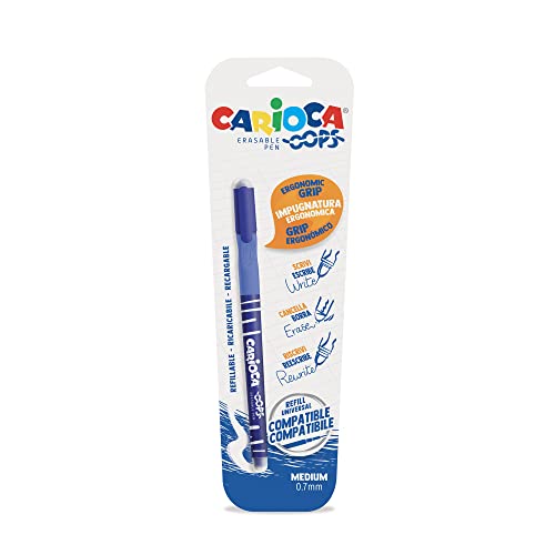 Carioca Oops Penna Nera, Penna Cancellabile Ricaricabile Per Scuola E Ufficio Con Cappuccio, Doppia Gomma E Impugnatura Ergonomica, Colore Blu, 1 Pezz