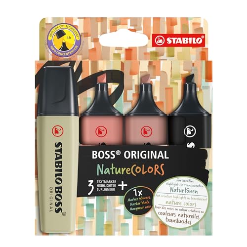 Evidenziatore - Stabilo Boss Original Naturecolors - Astuccio Da 4 - Verde Oliva/Terra Di Siena/Fava Di Cacao/Nero
