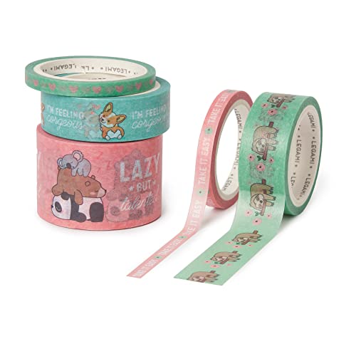 Legami - Set Di 5 Nastri Adesivi Di Carta, Tape By Tape, Ø 4,5 Cm, H Max 3 Cm L 5 M, Tema Cute Animals, Coloratissimi, Per Incollare, Decorare E Perso