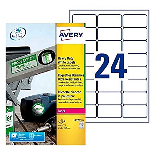 Etichetta Resistente Alle Intemperie Avery 63.5X33,9 Mm 20 Foglio 24 Etichette Per Foglio