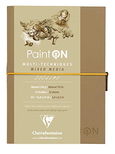 Clairefontaine 975183C - Taccuino Cucito Di Carta Da Disegno Paint'On 64 Pagine Colore Naturale 14,8X21 Cm 250G, Chiusura Con Elastico, Copertina Morb