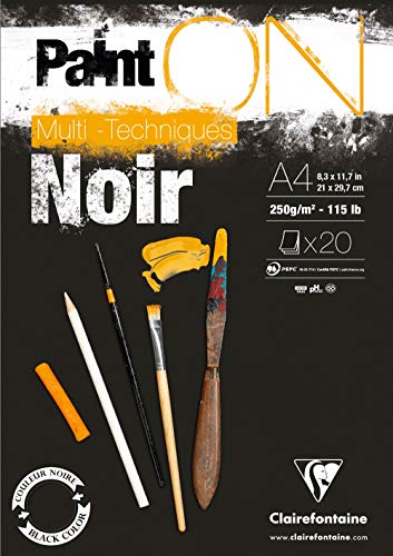 Clairefontaine 975169C Blocco Collato Painton Multi-Tecnica - 20 Fogli Carta Da Disegno Multi-Tecnica A Grana Leggermente Rugosa - Nera - A4 21X29,7 C