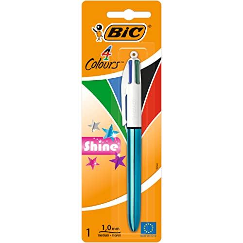Bic 4 Colori Shine, Penne Multicolore A Sfera, Penne A Scatto Con Fusti Dai Colori Metallici, Colori Assortiti Cancelleria Scuola E Ufficio, Punta Med