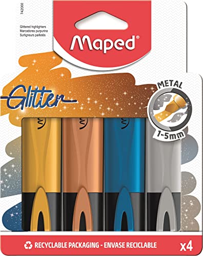 Maped - Evidenziatore, Pennarello Fluo Peps Metallic Glitter - X4 Pennarelli Con Particelle Glitter (Oro, Argento, Rame, Blu)