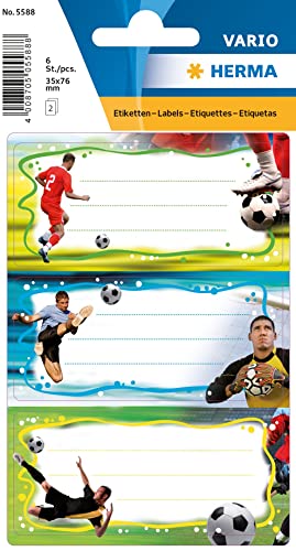 Herma 5588 Etichette Per Libri Da Scrivere, Motivo: Calcio (76 X 35 Mm, 6 Adesivi Per Nome, Carta Glitterata), Autoadesive, Permanenti Per Libri, Libr