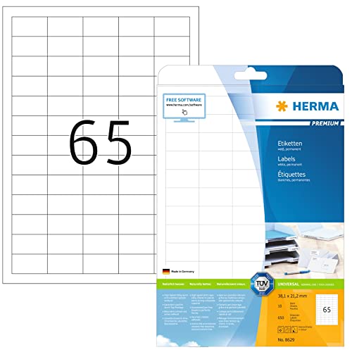 Herma Etichette Universali, 38,1 X 21,2 Mm, Etichette Adesive A4 Per Stampante, 65 Etichette Per Foglio, Bianco