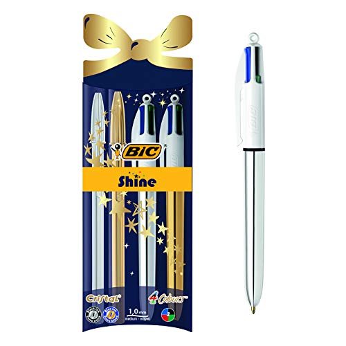 Bic 4Colori E Cristal, Fusti Shine, Set Di 2 Penne Multicolore Con 4 Inchiostri Classici E 2 Penne Cristal Con Fusti Oro E Argento, Punta Media, Idea