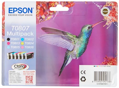 Epson T080 Serie Colibrì, Cartuccia Originale Getto D'Inchiostro Claria Photographic, Formato Standard, Multipack 6 Colori