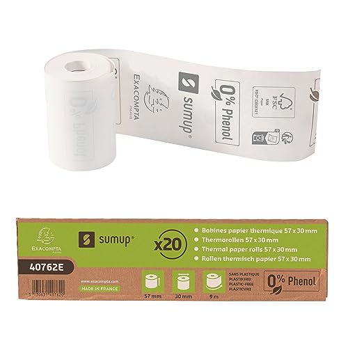 Exacompta Sumup - Cod. 40762E - Scatola Da 20 Rotoli 57X30Mm Per Pos, Carta Termica 55 G/Mq Ad Una Copia, Senza Fenolo, Senz'Anima, Compatibile Con Di