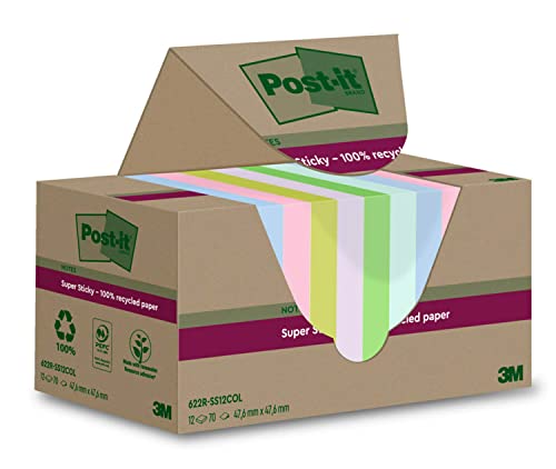 Post-It Foglietti Super Sticky Riciclati, Confezione Da 12 Blocchetti, 70 Fogli Per Blocchetto, 47.6 Mm X 47.6 Mm, Rosa, Verde, Blu, Viola, Giallo - F