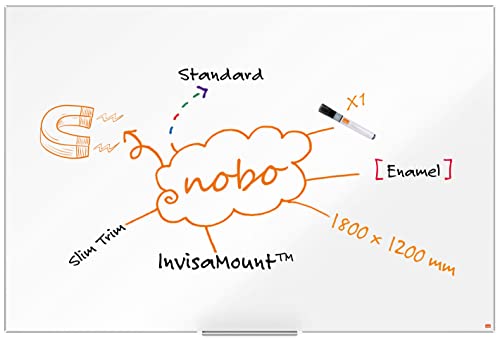 Nobo Enamel Magnetic Whiteboard With Pen Tray, 1800 X 1200Mm, Slim Trim Frame, Invisamount Mounting System, Impression Pro, 180 X 120Cm, White,1915399