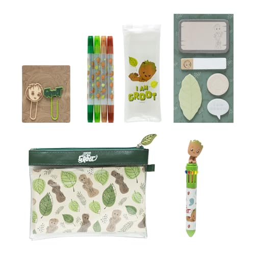 Grupo Erik: Set Cancelleria Groot | Kit Di Cancelleria Baby Groot Con Penna Multicolore 10 Colori, 4 Evidenziatori, Clips, Note Adesive E Astuccio Gro