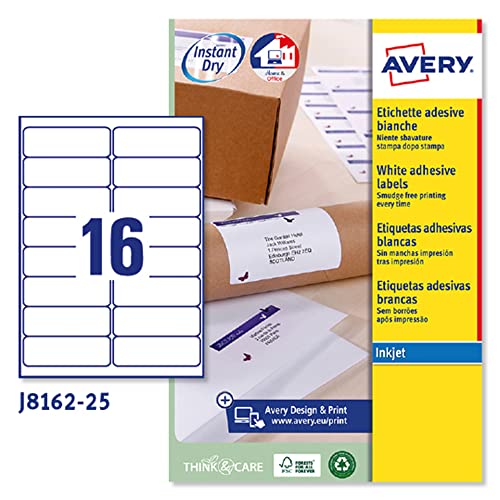Avery-Zweckform J8162-25 Etichette Quick Dry, 16 Pezzi Per Foglio, 25 Fogli, 99.1 X 33.9, Bianco,