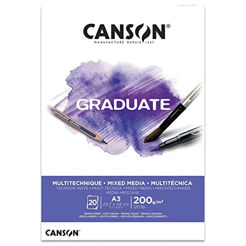 Canson Graduate Mixed Media Bianco,Album Da Disegno Collato Lato Corto,A3,20 Fogli,Grana Leggera,200G/M
