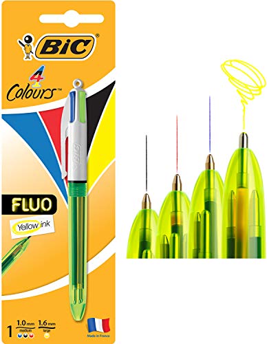 Bic 4 Colori Fluo Penne A Sfera A Scatto, Ottime Per La Scuola, Fornitura Per Ufficio, Punta Giallo Fluo,Confezione Da 1
