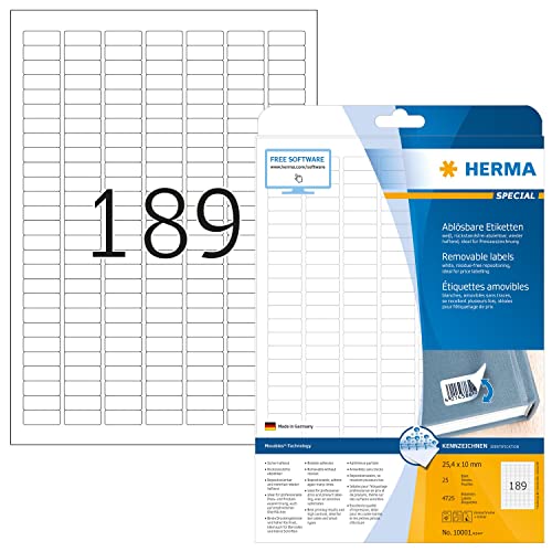 Herma Etichette Staccabili, 25,4 X 10 Mm, Etichette Adesive A4 Per Stampante, 189 Etichette Per Foglio, Bianco