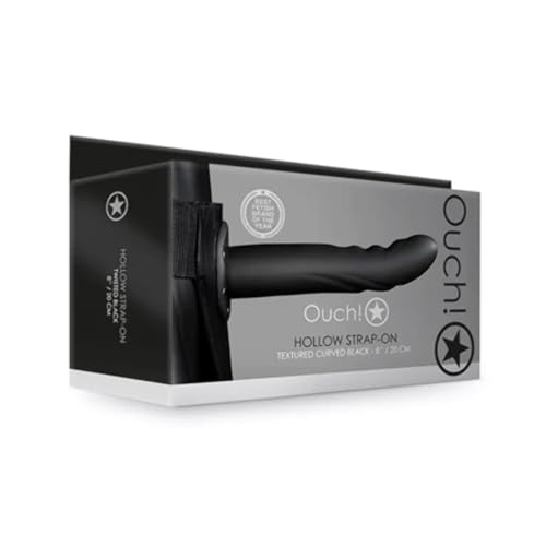 Ouch! Textured Curved Hollow Strap-On - 8In/20Cm - Black 20 Cm Hollow Strap-On
