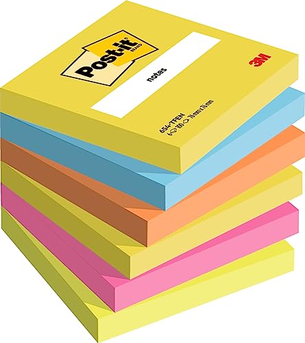 Post-It Foglietti, Collezione Energetic, Confezione Da 6 Blocchetti, 100 Fogli/Blocco, 76Mm X 76Mm, Colori Giallo, Azzurro, Arancione, Rosa, Verde - F