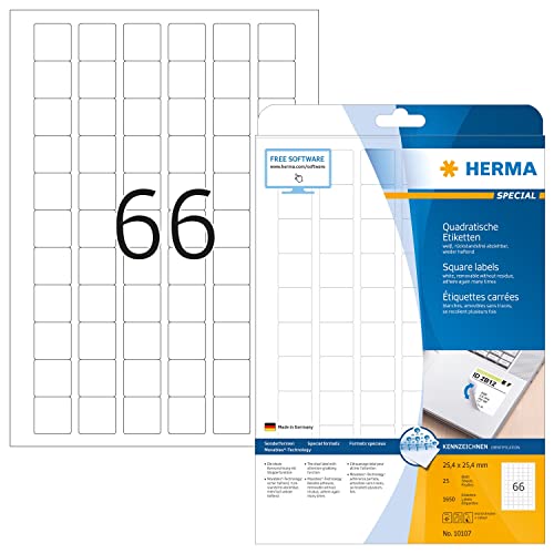 Herma Etichette Staccabili, 25,4 X 25,4 Mm, Etichette Adesive A4 Per Stampante, 66 Etichette Per Foglio, Bianco