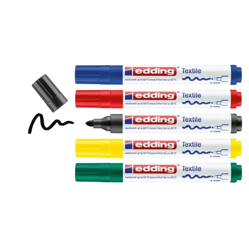Edding 4500 Marcatore Per Tessuti - Per Scrivere, Colorare E Disegnare Sulla Stoffa E.G. T-Shirt E Cuscini - Resistente Ai Lavaggi - Set 5 Colori Basi