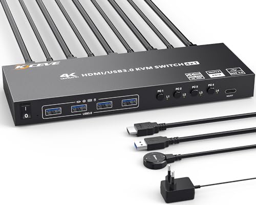 Switch Kvm Usb 3.0 Hdmi 4 Porte 4K@60Hz 2K@120Hz Rgb 4:4:4, Hdmi 2.0 Kvm Switch Simulation Edid, Hdcp2.2, Kvm Switch 4 Pc 1 Monitor Con 4 Porte Usb 3.