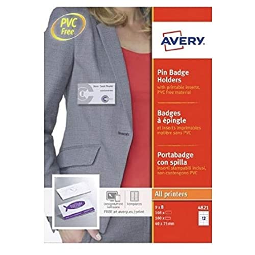 Avery, Kit 100 Portabadge Con Spilla + 108 Badge Stampabili