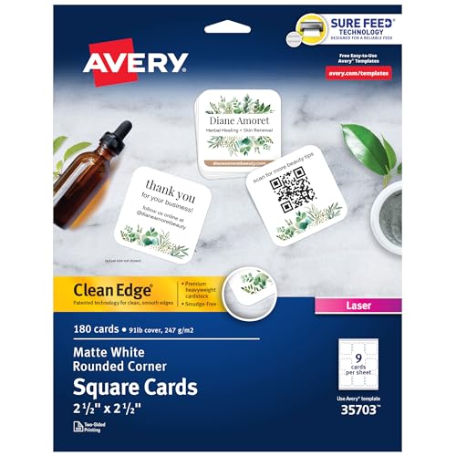 Avery Square Cards With Rounded Edges, 2.5" X 2.5", Clean Edge, Laser Only, 180 Carte (35703)