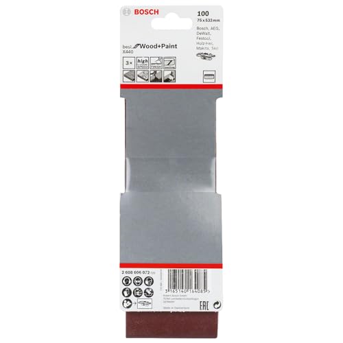 Bosch Home And Garden 3 Pz. Set Di Nastri Abrasivi X440 Best For Wood And Paint,Per Legno E Vernice, 75 X 533 Mm, Grana 100, Accessori Per Levigatrici