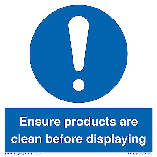 Cartello Con Scritta "Ensure Products Are Clean Before Displaying" (Lingua Italiana Non Garantita), 100 X 100 Mm, S10