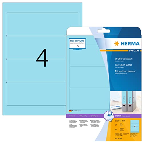 Herma Etichette Per Raccoglitori, 192 X 61 Mm, Etichette Adesive A4 Per Stampante, 4 Etichette Per Foglio, Blu