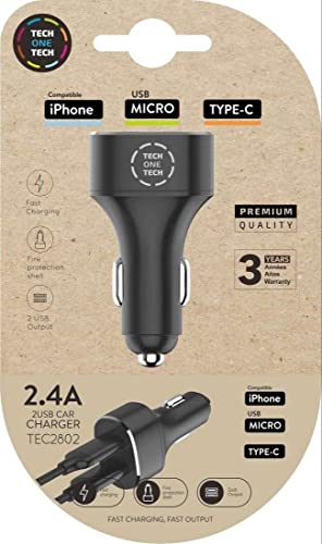 Caricabatterie Tech One Tech 2.4 Da Auto Doppio Per Iphone/Usb Micro/Tipo C, Colore: Nero